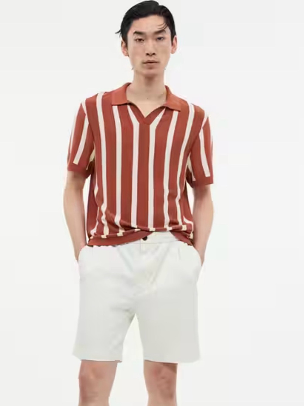 H&M Men's Rust and Cream Striped Polo
